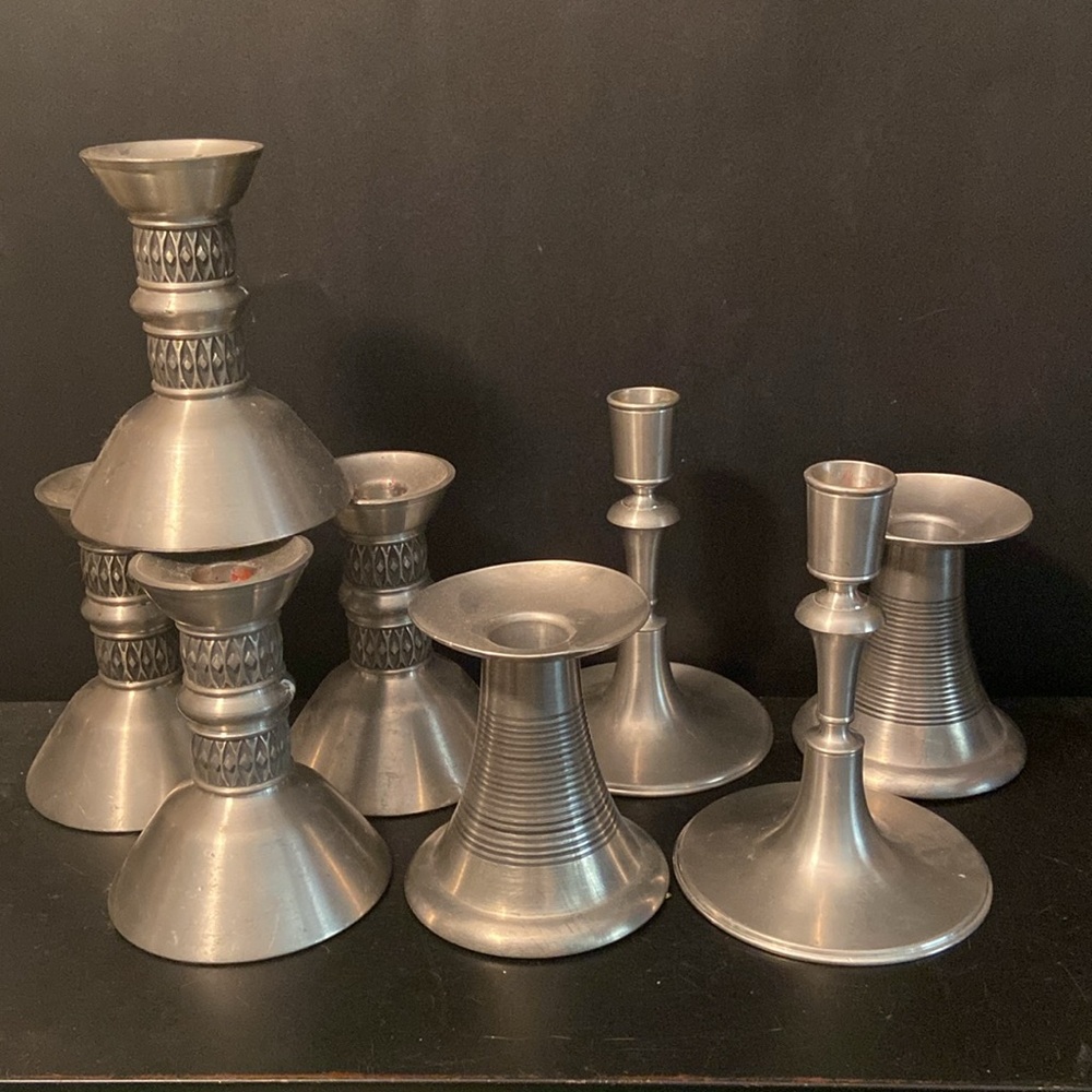 Group of 8 Norwegian Pewter Candlestick Holders Tinn Mastad Selangor Vtg